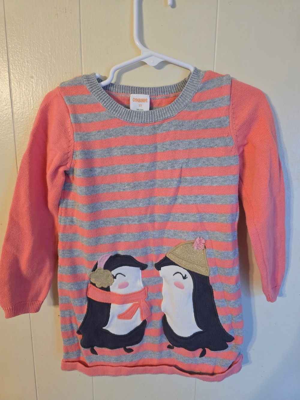Gymboree Coral Pink & Gray Striped Penguin Sweater Dress- 2T
